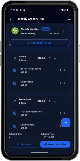 Asenzo Budget Planner lists screen