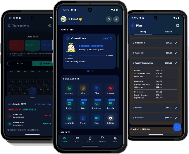 Asenzo Budget Planner mobile application screens