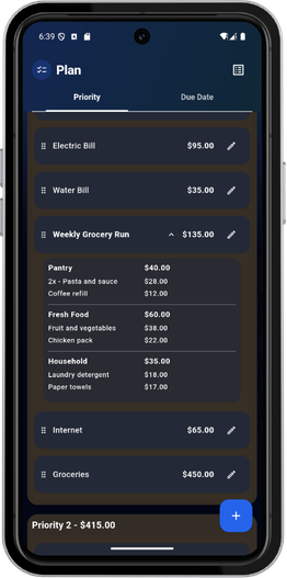 Asenzo Budget Planner plan screen