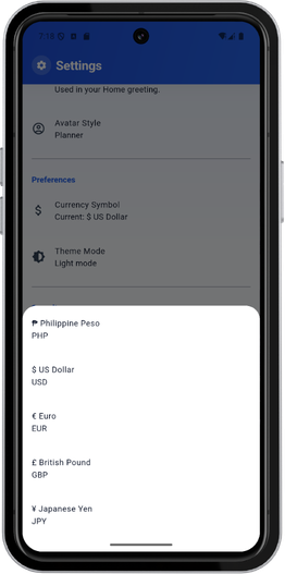 Asenzo Budget Planner settings screen